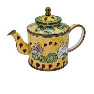 Bunnies In Love Unsigned Except for Number on Handle Enamel Collectible Teapot